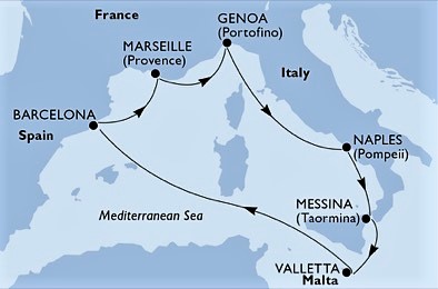 Trasa plavby MSC Bellissima v Západnom Stredomorí